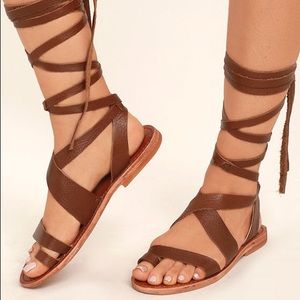 Brown Distressed Leather Lace Up Gladiator Sandal
